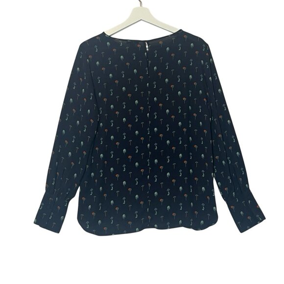 Ann Taylor Women Top Blouse Blue Small Size Trees Print  Long Sleeve Round Neck - Picture 2 of 8